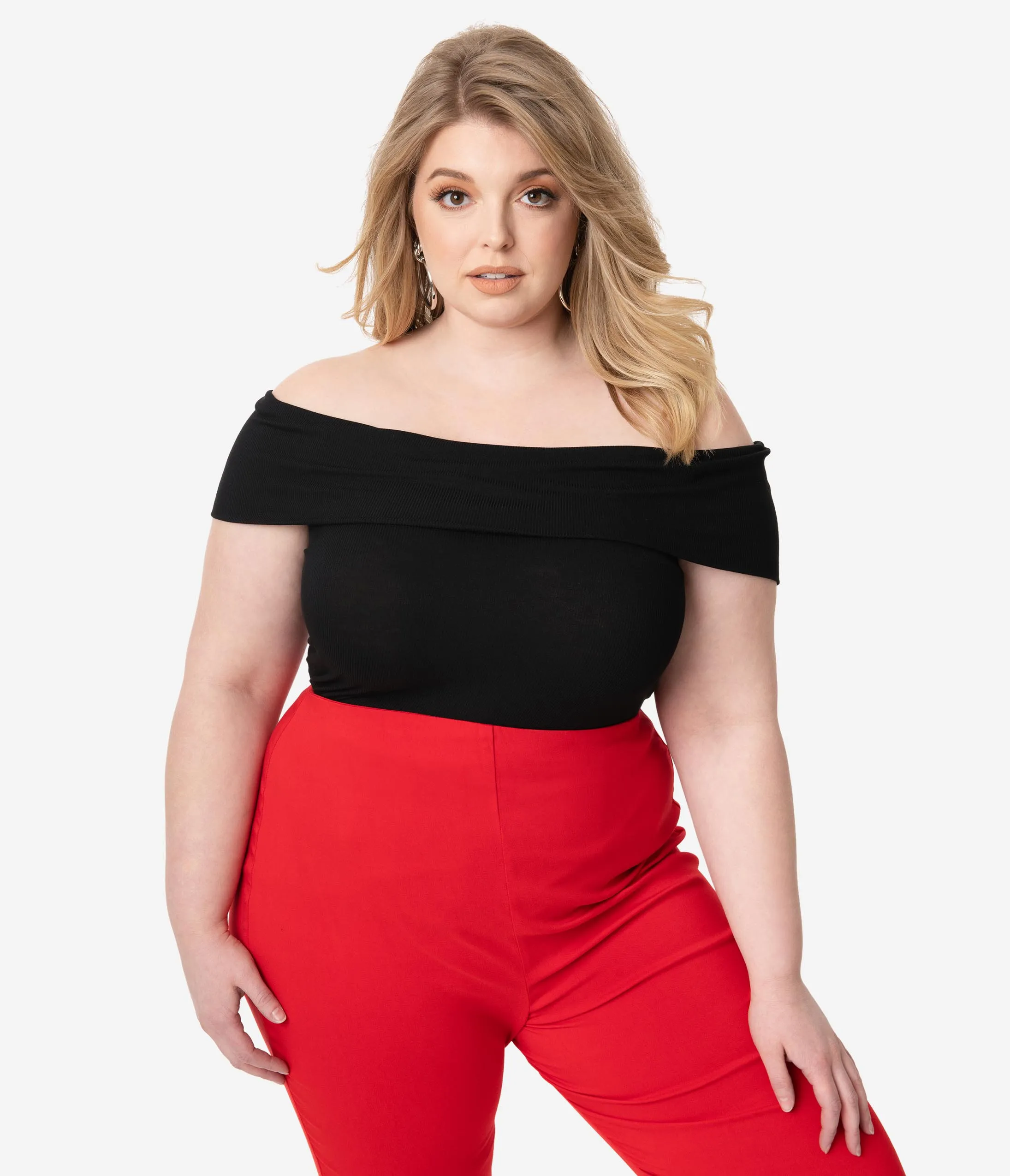Unique Vintage Plus Size Black Ribbed Knit Off The Shoulder Imogen Top