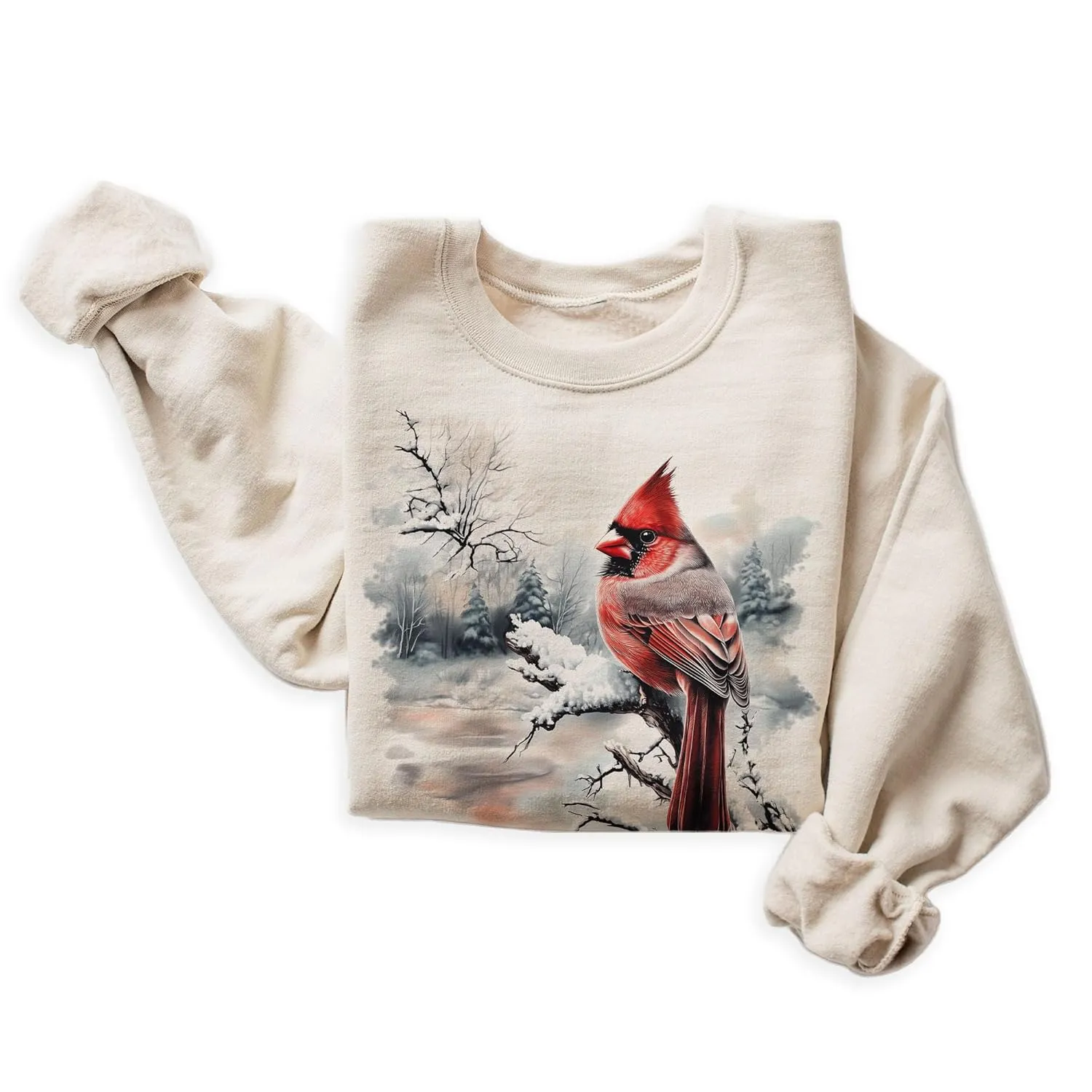 Vintage Red Cardinal Wilderness Scene Sweatshirt - 90s Retro Cardinal Bird Lover Pullover - Scenic Cozy Winter Forest Trees Nature Sweater - Unisex Graphic Crewneck Sweatshirt