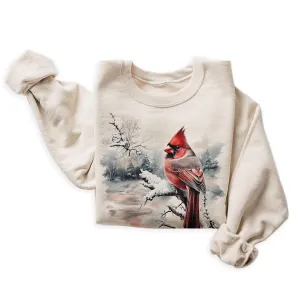 Vintage Red Cardinal Wilderness Scene Sweatshirt - 90s Retro Cardinal Bird Lover Pullover - Scenic Cozy Winter Forest Trees Nature Sweater - Unisex Graphic Crewneck Sweatshirt