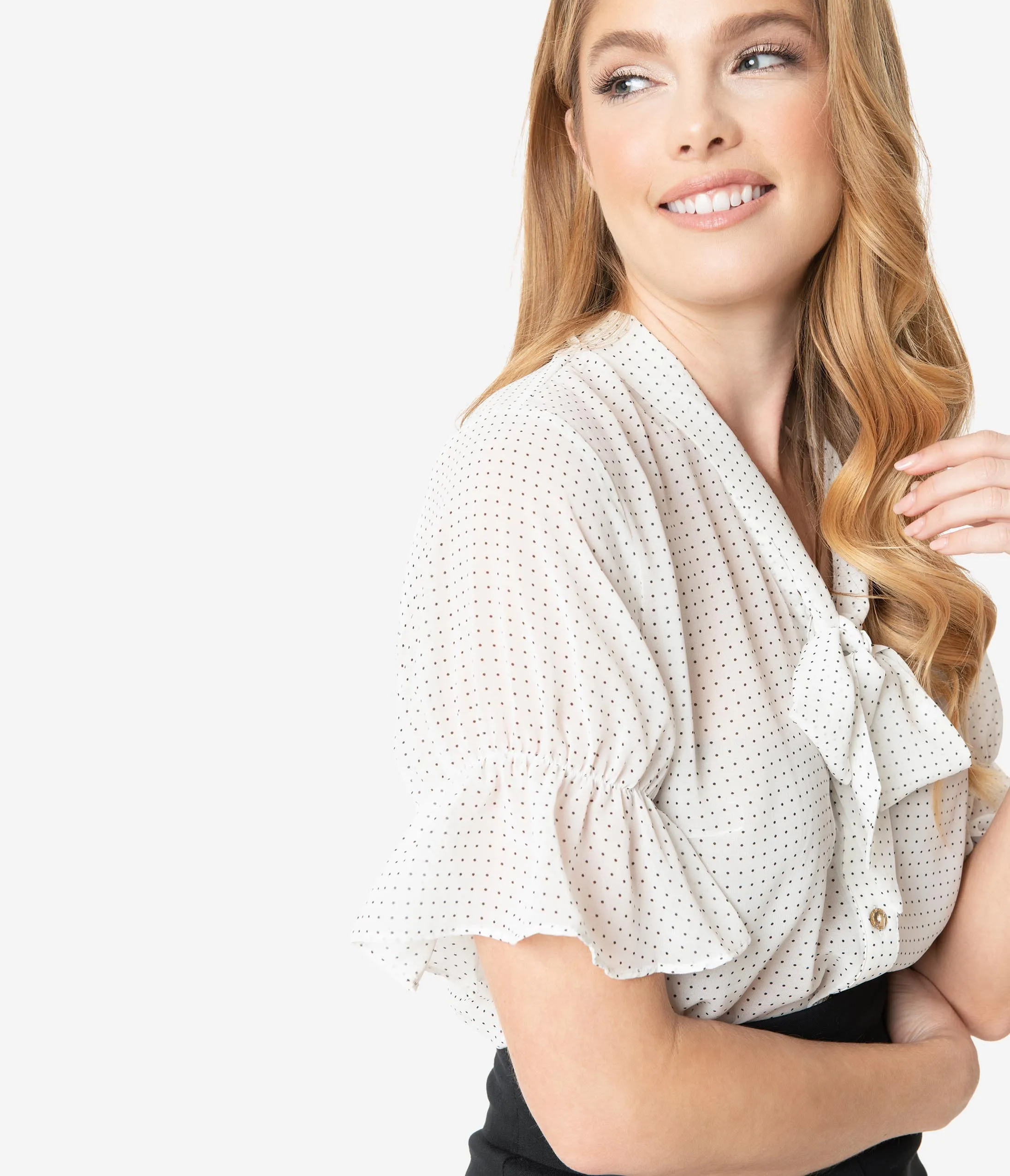 White & Black Micro Dot Button Up Short Sleeve Blouse