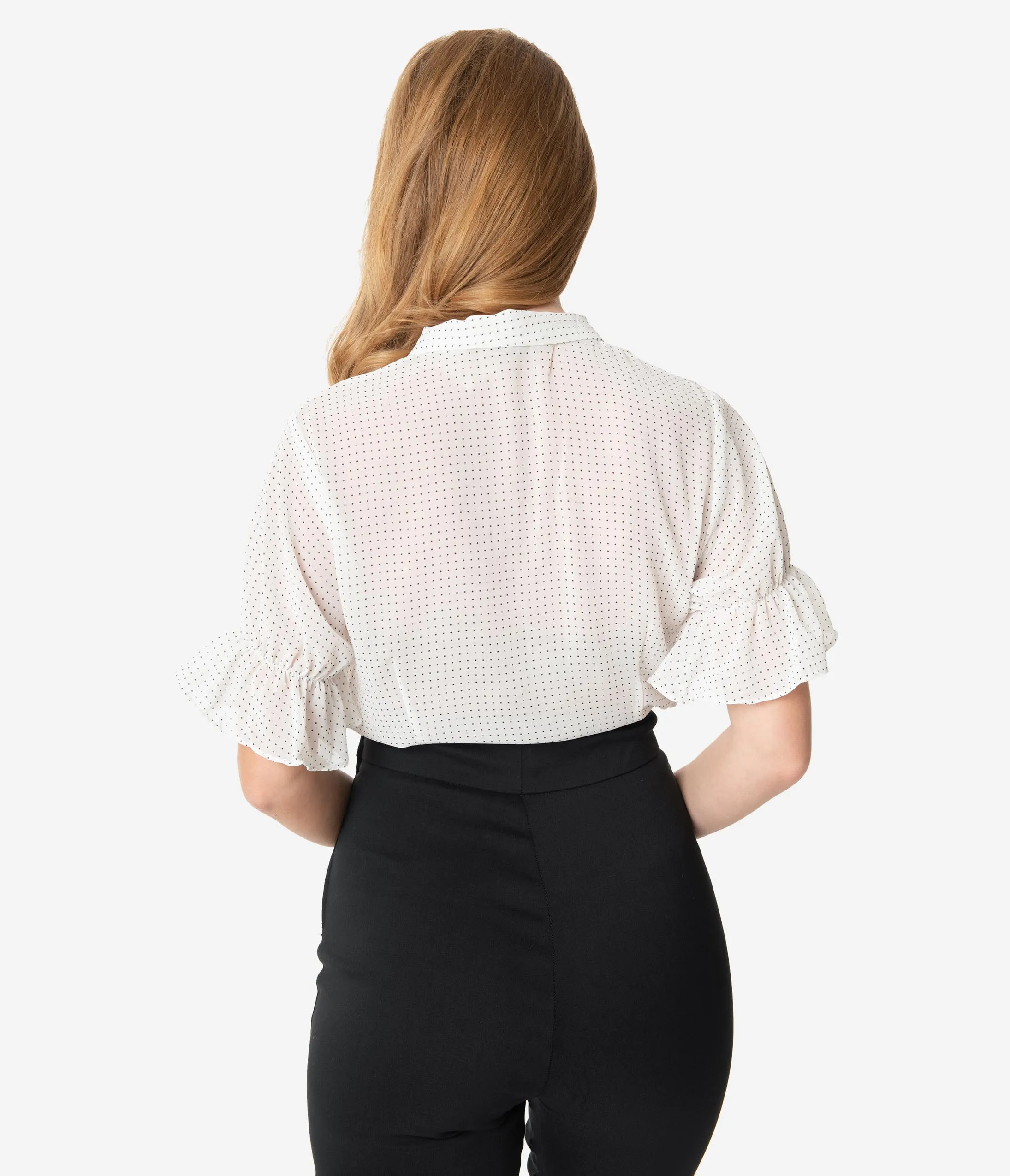 White & Black Micro Dot Button Up Short Sleeve Blouse