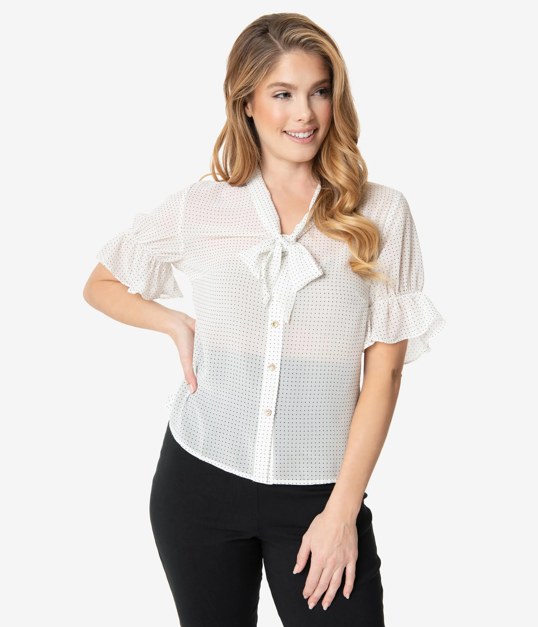 White & Black Micro Dot Button Up Short Sleeve Blouse