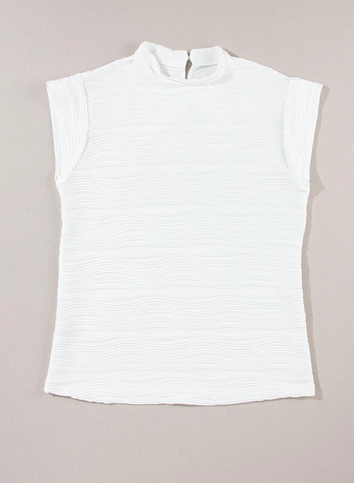 White Wavy Textured Mock Neck Cap Sleeve Top for Ladies