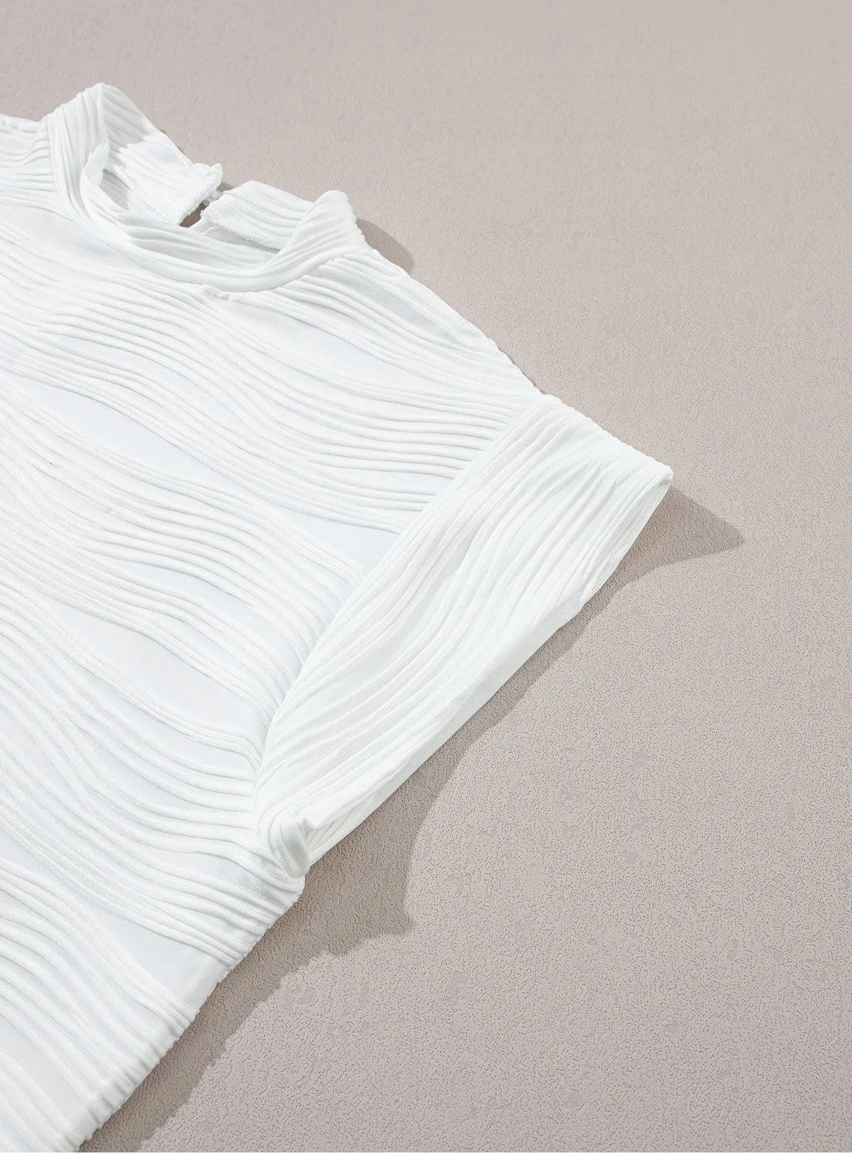 White Wavy Textured Mock Neck Cap Sleeve Top for Ladies