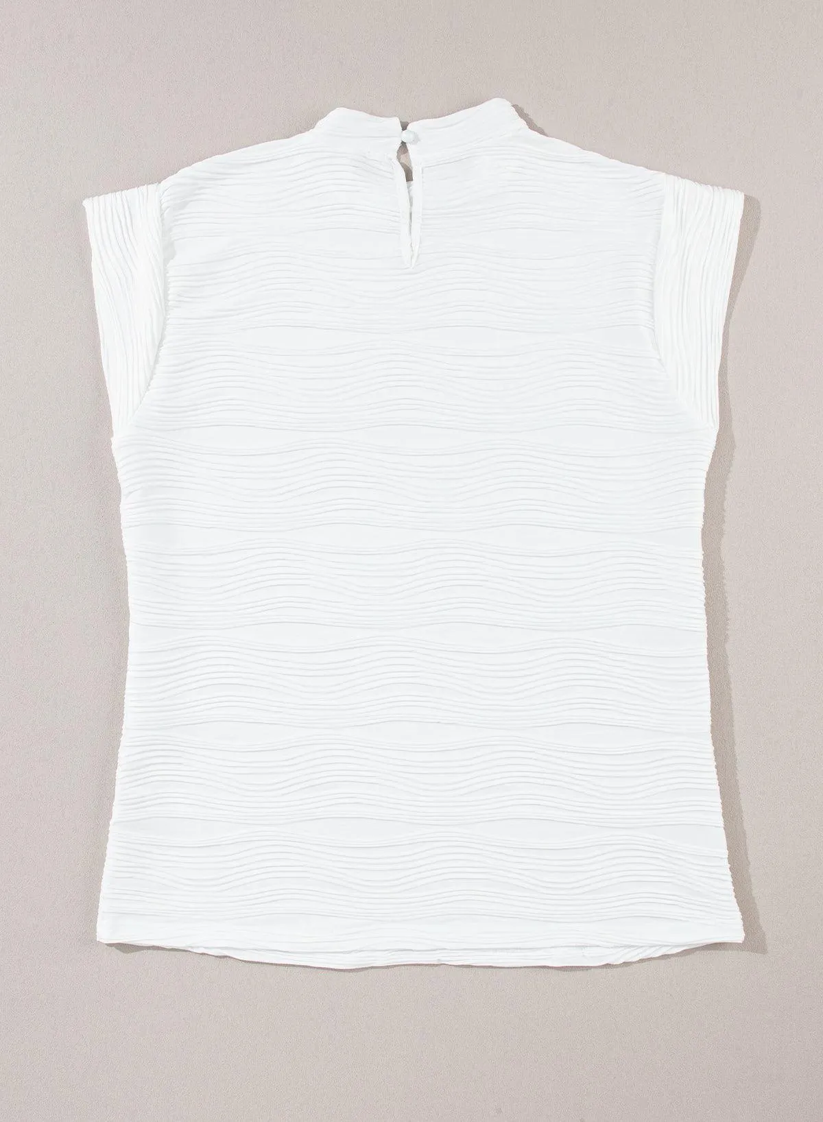 White Wavy Textured Mock Neck Cap Sleeve Top for Ladies