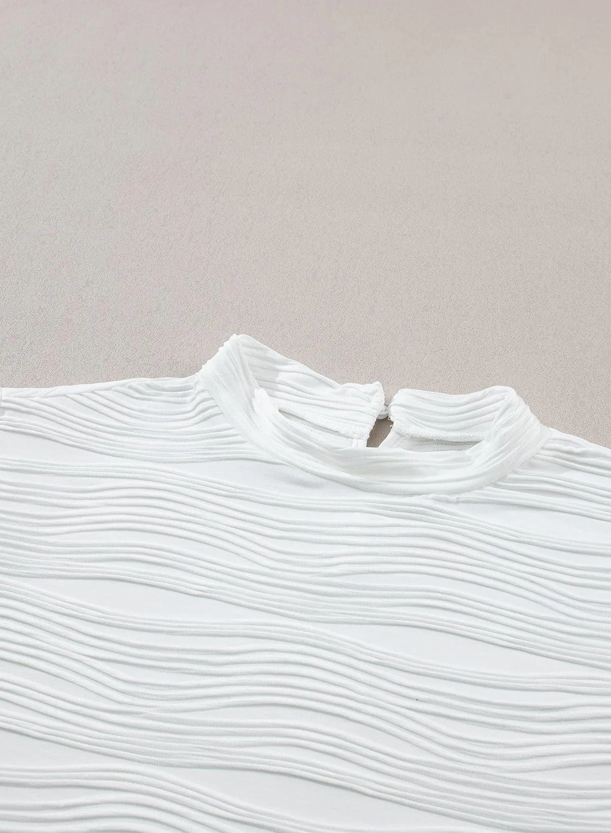 White Wavy Textured Mock Neck Cap Sleeve Top for Ladies