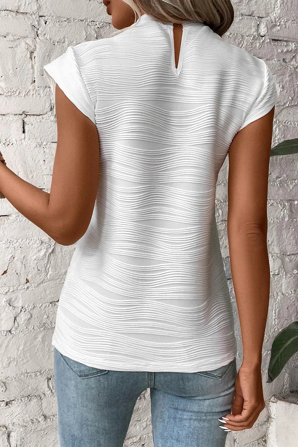 White Wavy Textured Mock Neck Cap Sleeve Top for Ladies