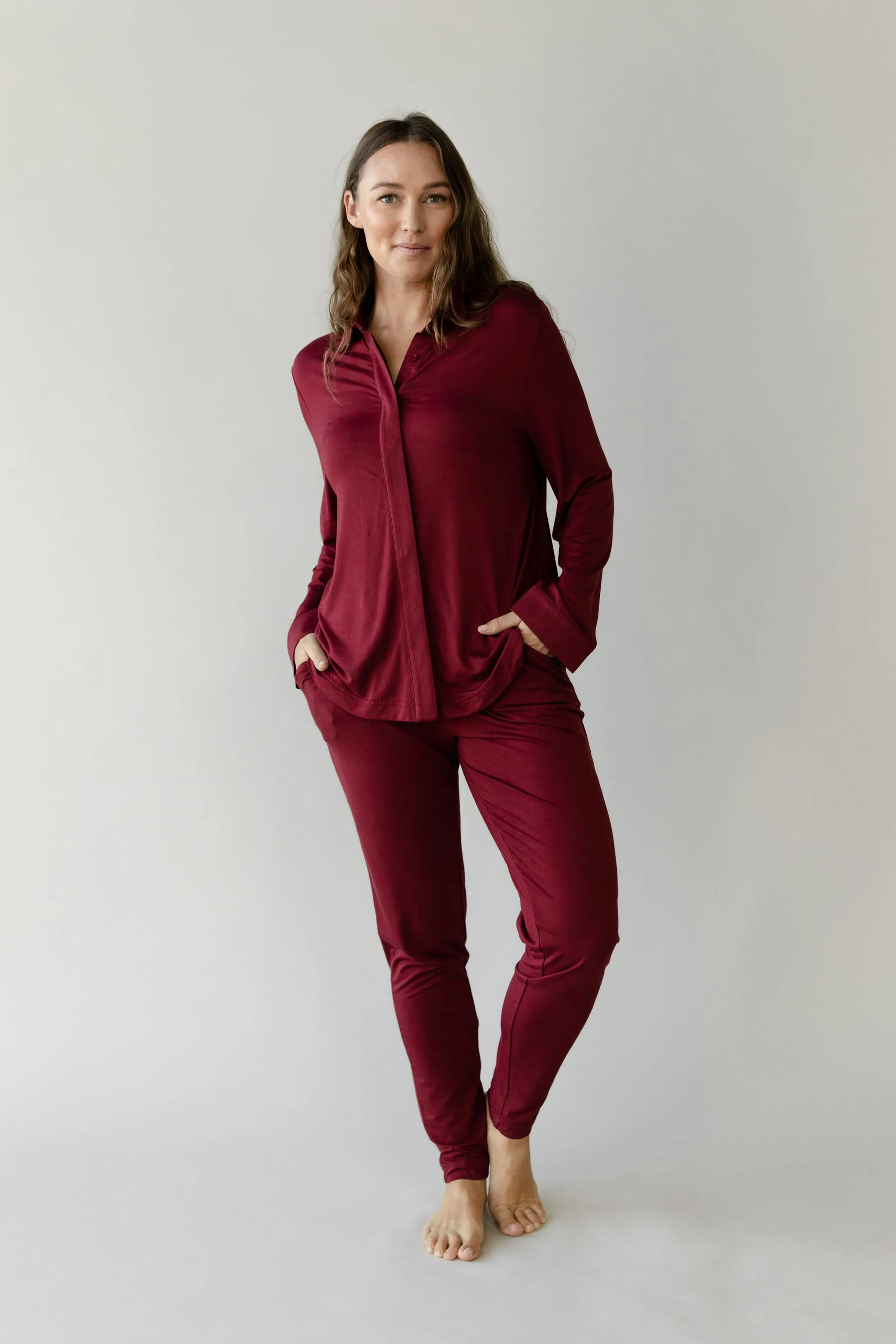 Women's Bamboo Stretch-Knit Collared Long Sleeve Button Down
