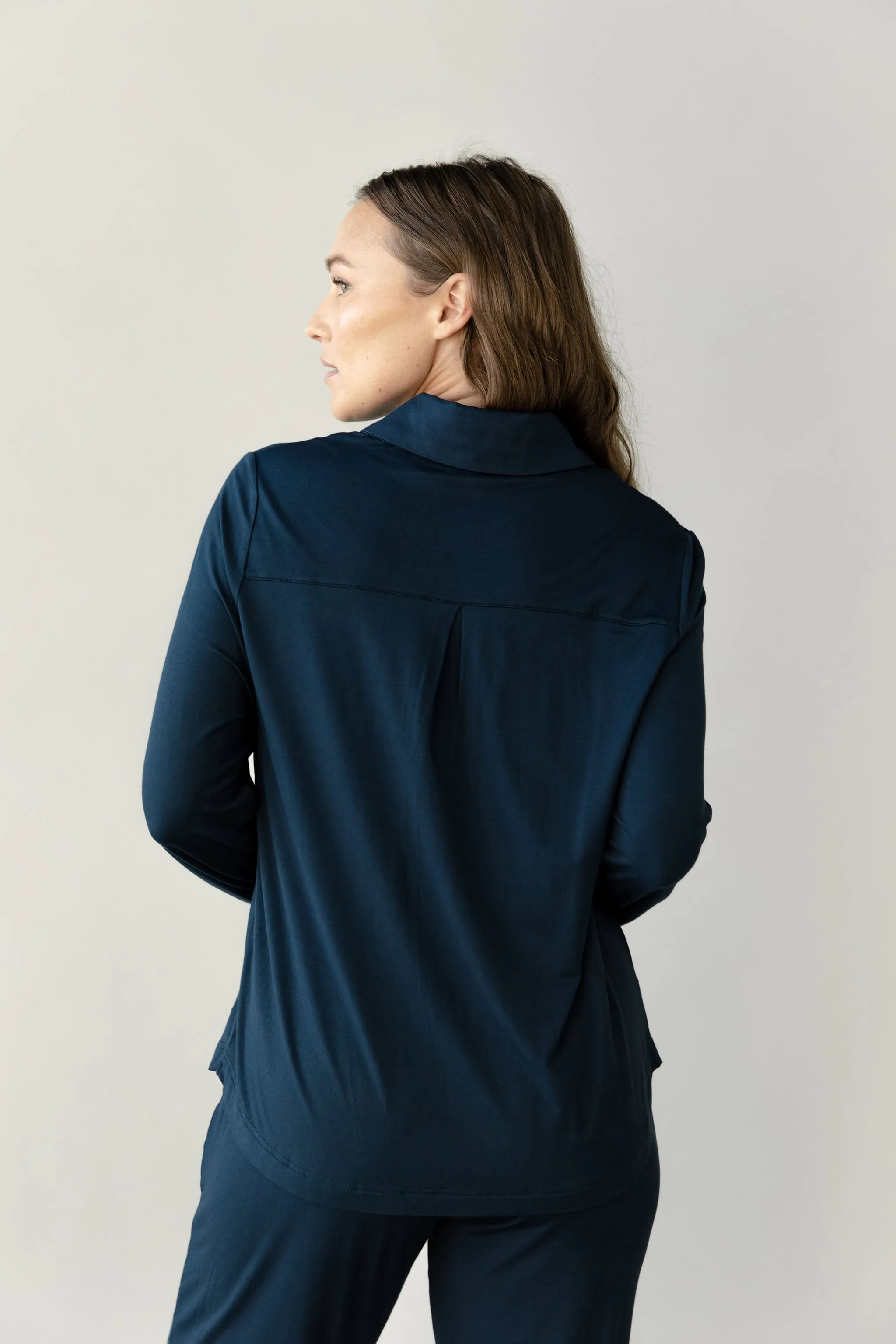 Women's Bamboo Stretch-Knit Collared Long Sleeve Button Down