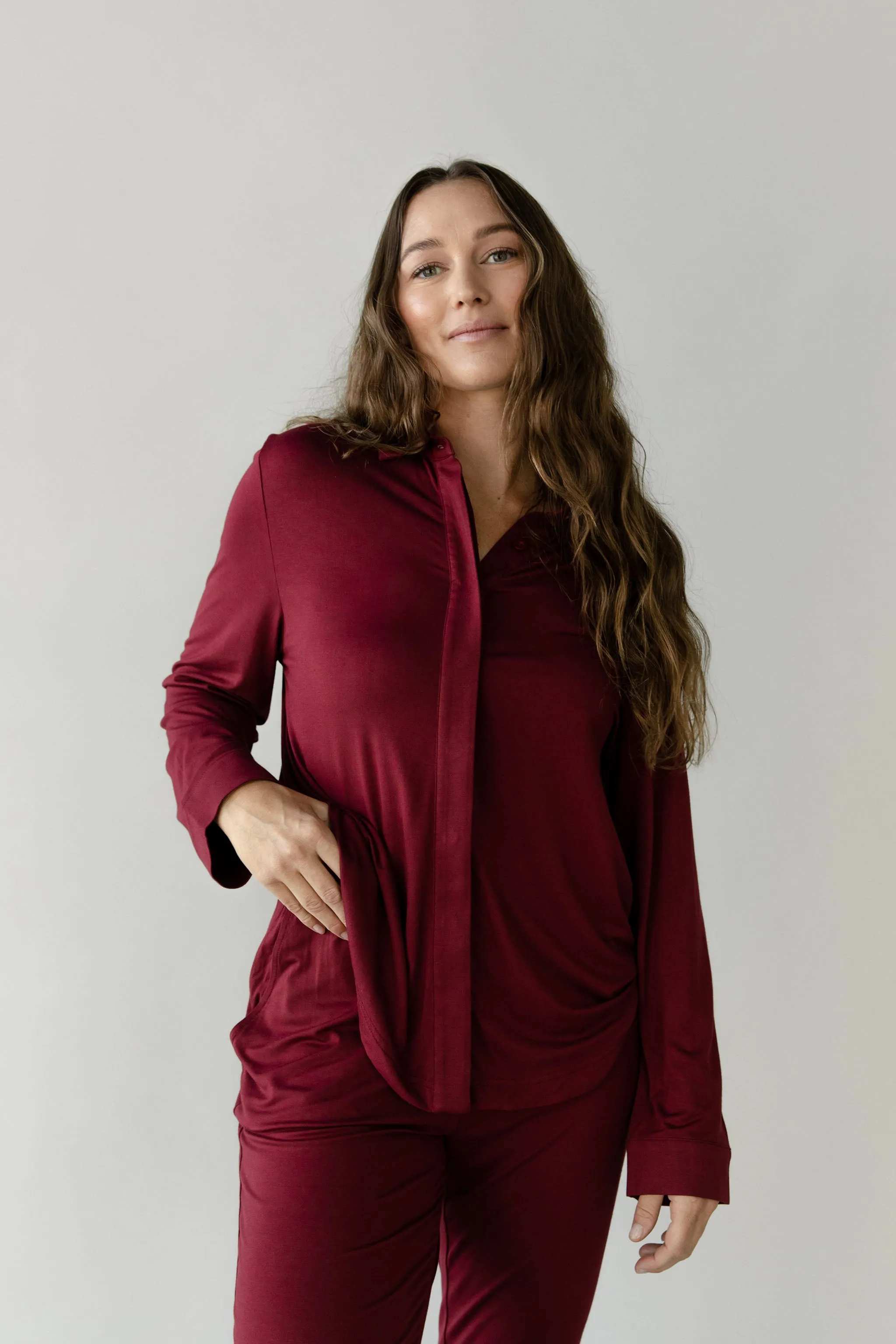 Women's Bamboo Stretch-Knit Collared Long Sleeve Button Down
