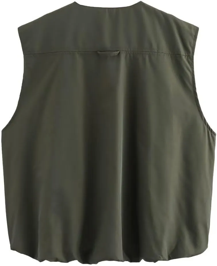 Women's Cargo Vest Oversized Zip Up Vest Casual Ruched Hem Sleeveless Blazer Jackets Vest Top with Pocket