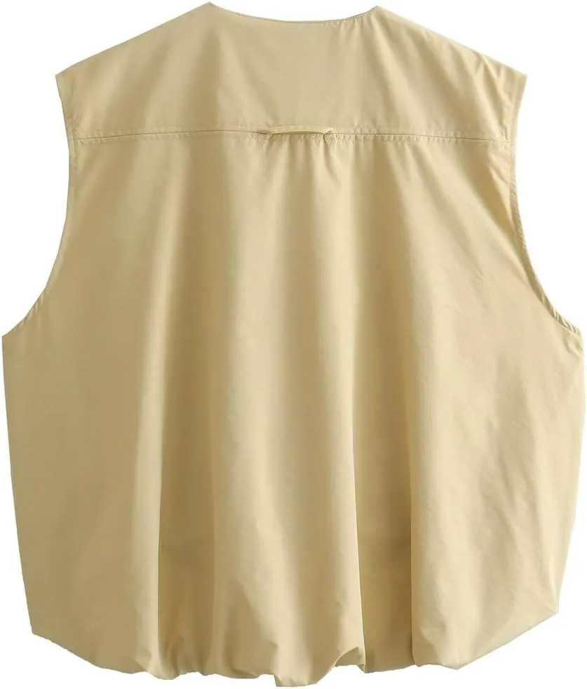 Women's Cargo Vest Oversized Zip Up Vest Casual Ruched Hem Sleeveless Blazer Jackets Vest Top with Pocket