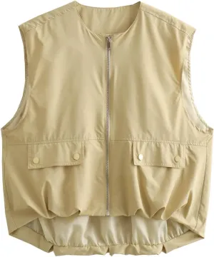 Women's Cargo Vest Oversized Zip Up Vest Casual Ruched Hem Sleeveless Blazer Jackets Vest Top with Pocket