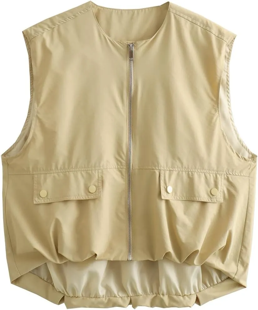 Women's Cargo Vest Oversized Zip Up Vest Casual Ruched Hem Sleeveless Blazer Jackets Vest Top with Pocket