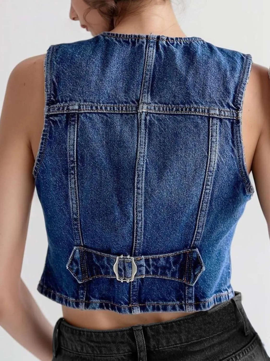 Womens Denim Vest Trendy Cropped Jean Vest Top for Women V Neck Waistcoat Jacket