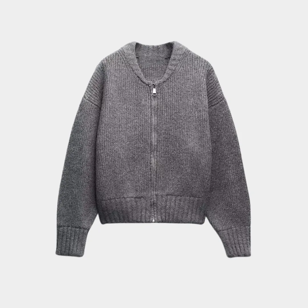 Women's Knit Cardigan  Long Sleeve  Zip-Up Sweater  Soft & Cozy  Grey