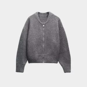Women's Knit Cardigan  Long Sleeve  Zip-Up Sweater  Soft & Cozy  Grey