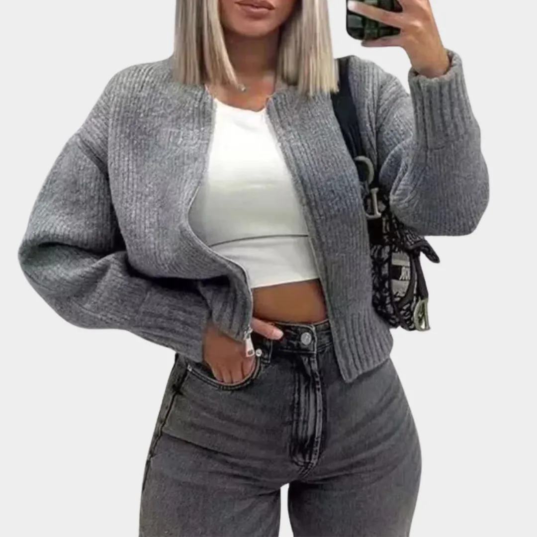 Women's Knit Cardigan  Long Sleeve  Zip-Up Sweater  Soft & Cozy  Grey