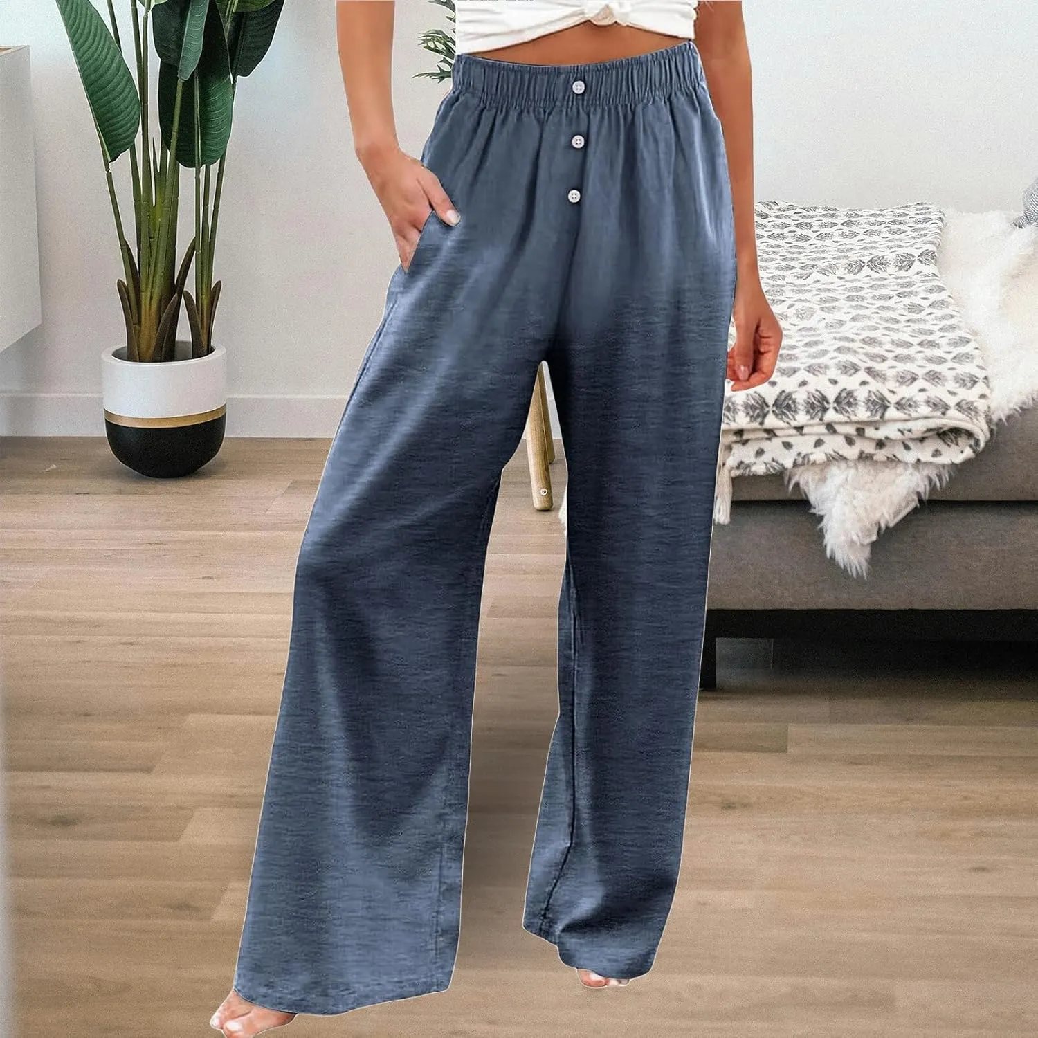 Women's Pants Cotton Linen Palazzo Pants Lightweight Button Down Trousers Casual Summer Beach Vacation Trousers 2025