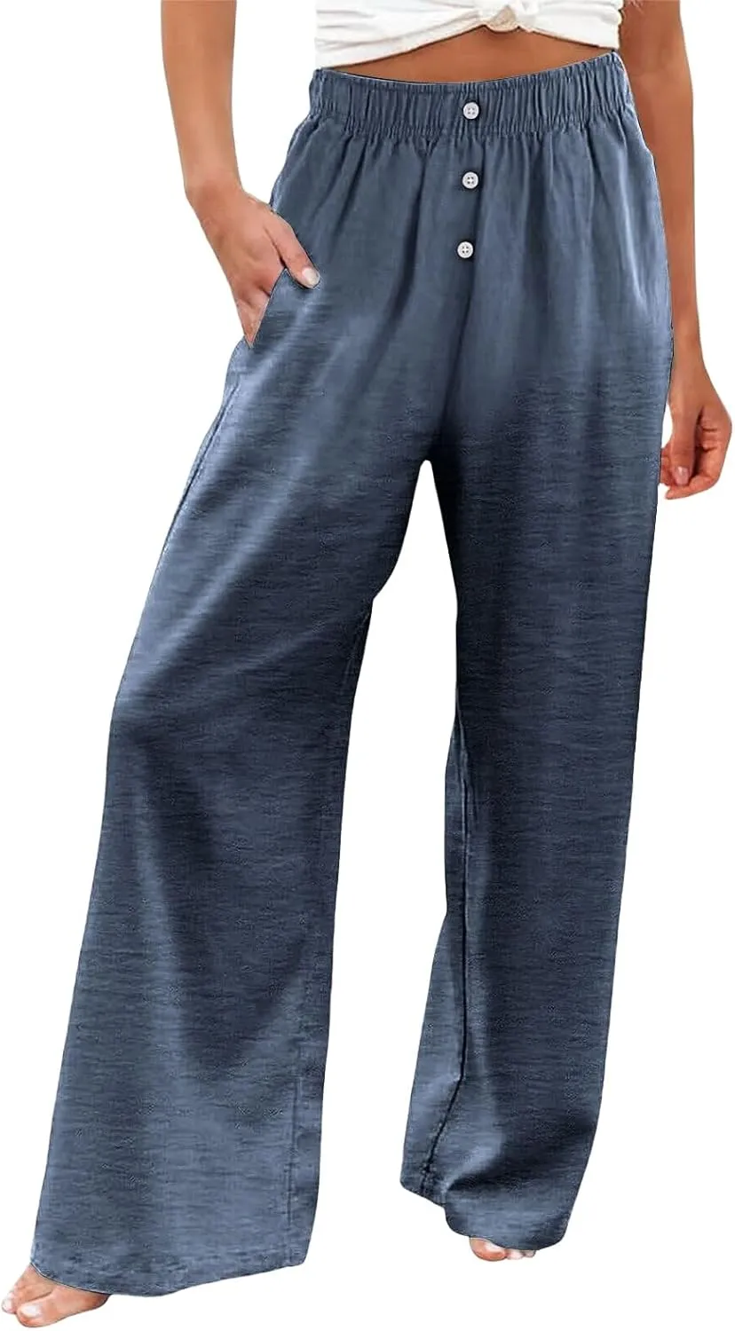 Women's Pants Cotton Linen Palazzo Pants Lightweight Button Down Trousers Casual Summer Beach Vacation Trousers 2025
