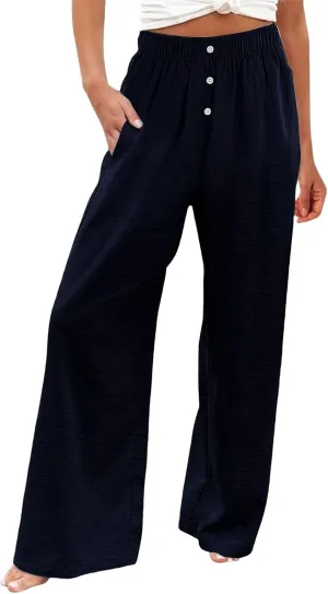 Women's Pants Cotton Linen Palazzo Pants Lightweight Button Down Trousers Casual Summer Beach Vacation Trousers 2025