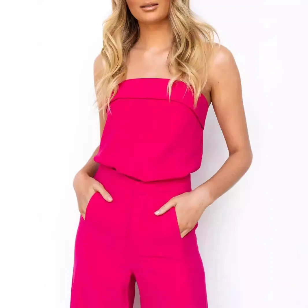 Womens Two Piece Set  Strapless Top  High Waist Flared Pants  Relaxed Fit Breathable