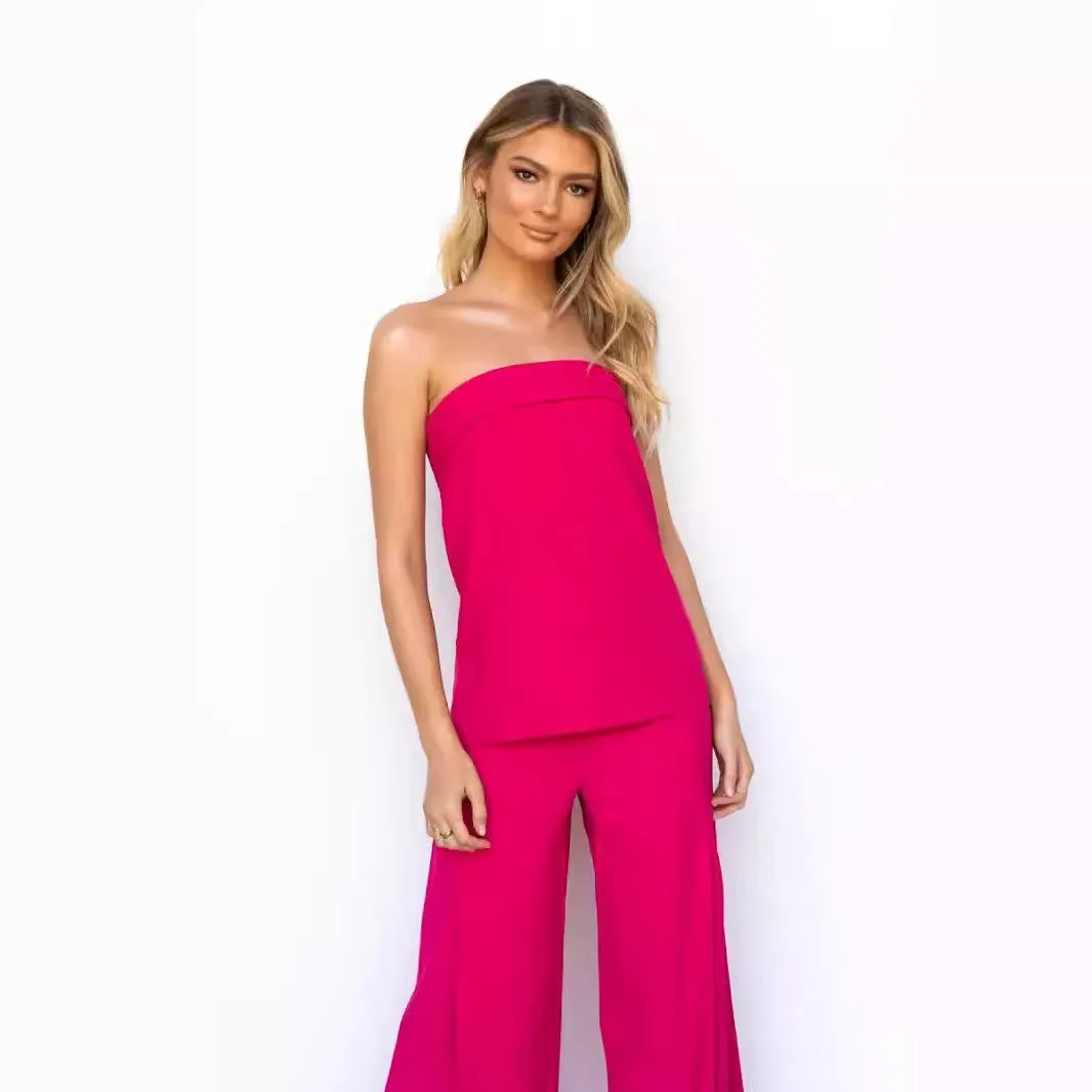 Womens Two Piece Set  Strapless Top  High Waist Flared Pants  Relaxed Fit Breathable