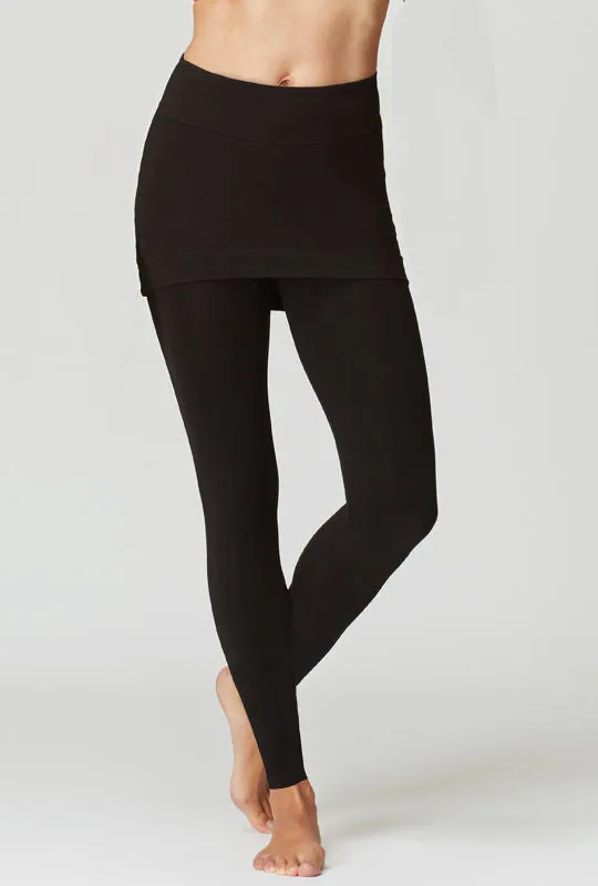 Yoga Elbow Sleeve Top with Cuffed Waistband Black   Medium Compression Waisted Leggings with Straight Skirt Black
