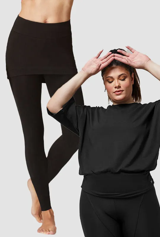 Yoga Elbow Sleeve Top with Cuffed Waistband Black   Medium Compression Waisted Leggings with Straight Skirt Black