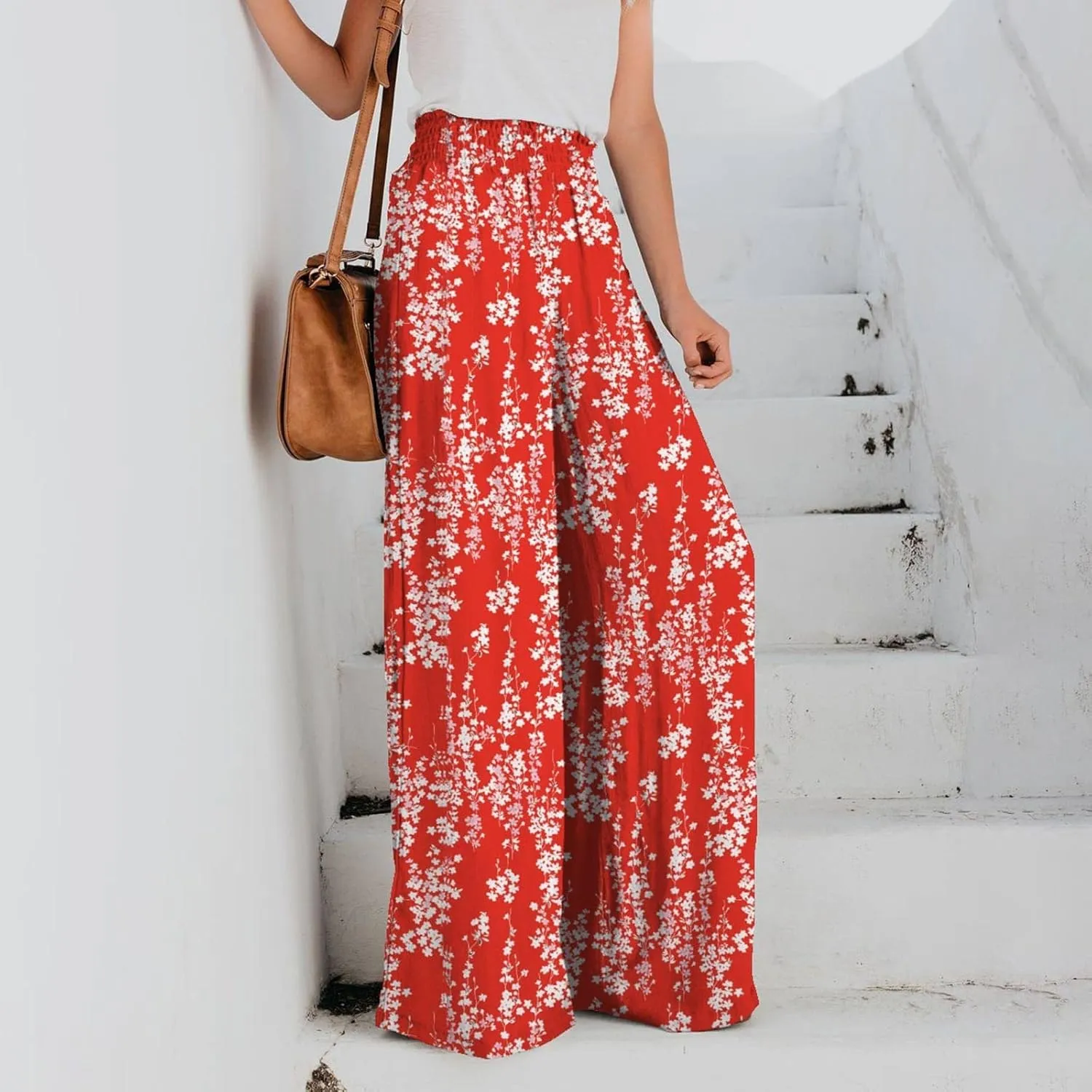 YOLAI Women Flowers Printed Trouser High Waist Vintage Print Palazzo Pants Lightweight Loose Boho Wide Leg Pant (Red, S)