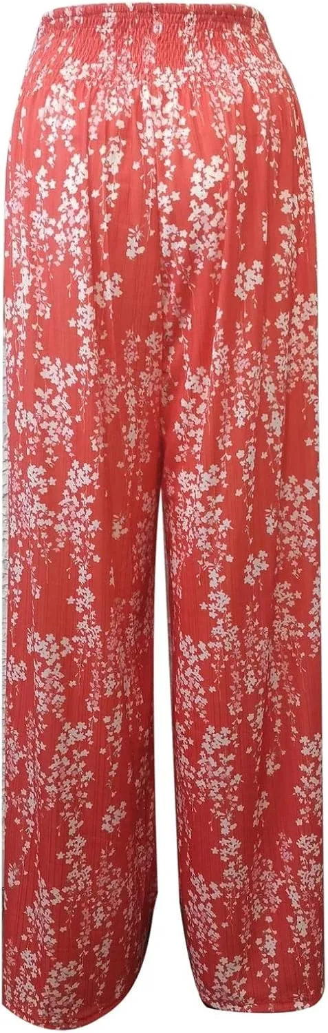 YOLAI Women Flowers Printed Trouser High Waist Vintage Print Palazzo Pants Lightweight Loose Boho Wide Leg Pant (Red, S)