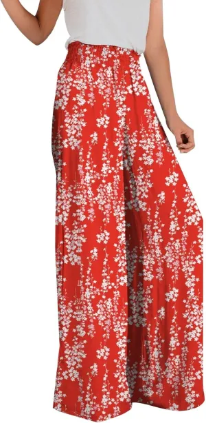 YOLAI Women Flowers Printed Trouser High Waist Vintage Print Palazzo Pants Lightweight Loose Boho Wide Leg Pant (Red, S)