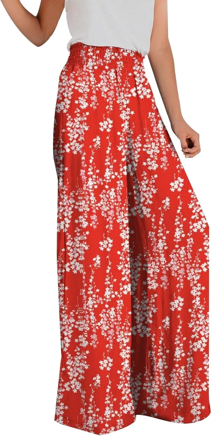 YOLAI Women Flowers Printed Trouser High Waist Vintage Print Palazzo Pants Lightweight Loose Boho Wide Leg Pant (Red, S)