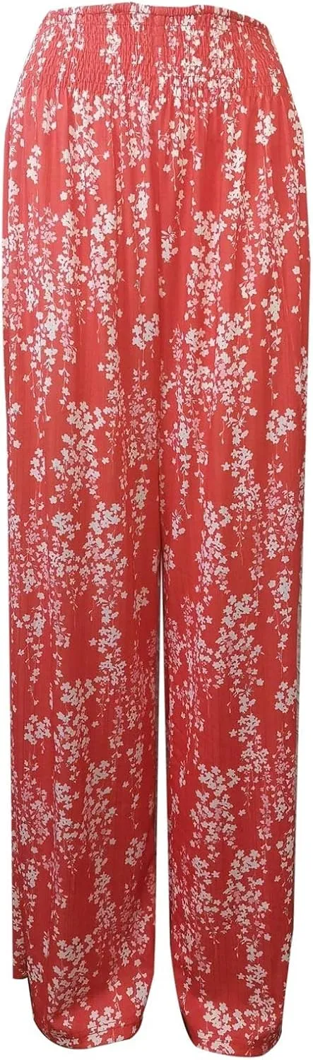 YOLAI Women Flowers Printed Trouser High Waist Vintage Print Palazzo Pants Lightweight Loose Boho Wide Leg Pant (Red, S)